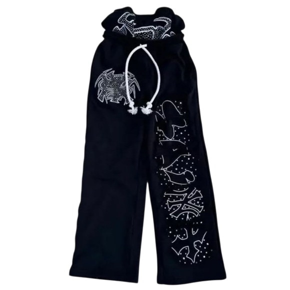 100% Cotton Rhinestone Crytal Wide Leg Pants French Terry Washed Mens Trackpsnts - Picture 2 of 10